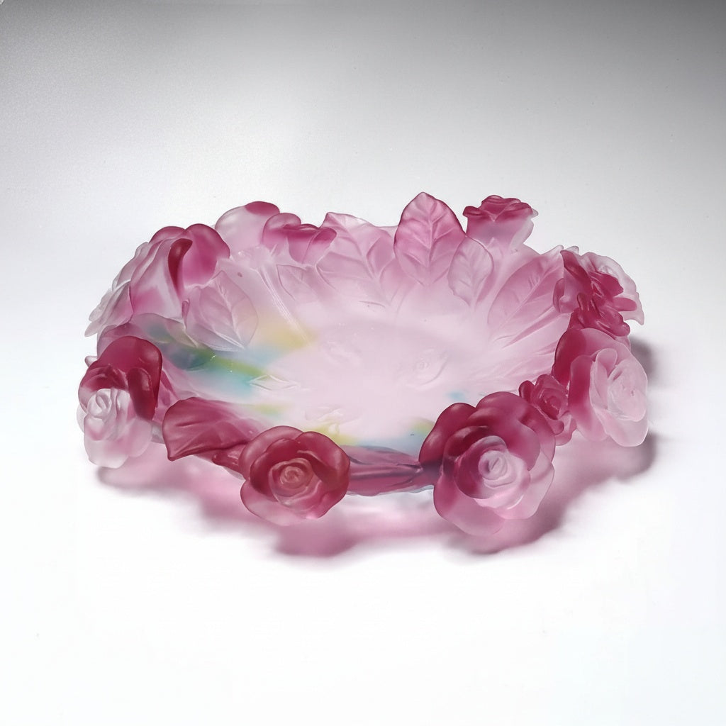 Pink frosted glass bowl with sculpted rose rim