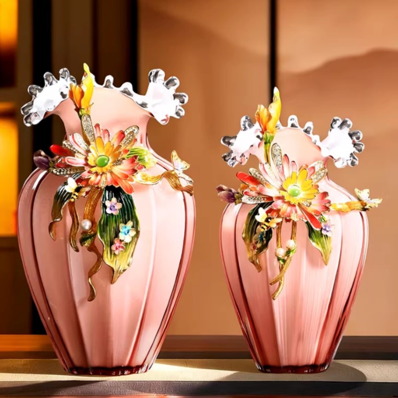 Two sizes pink enamel floral glass vase decorative luxury centerpiece