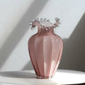 Large pink fluted glass vase detail