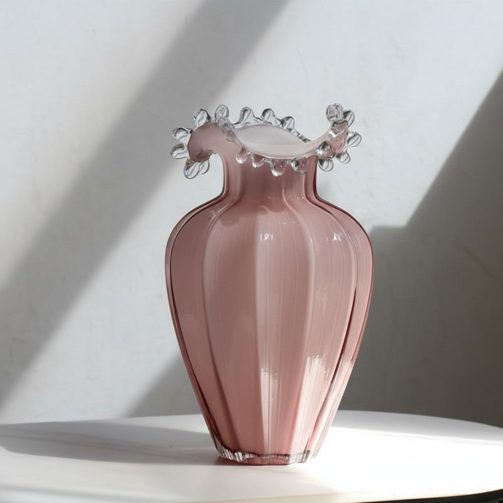Large pink fluted glass vase detail