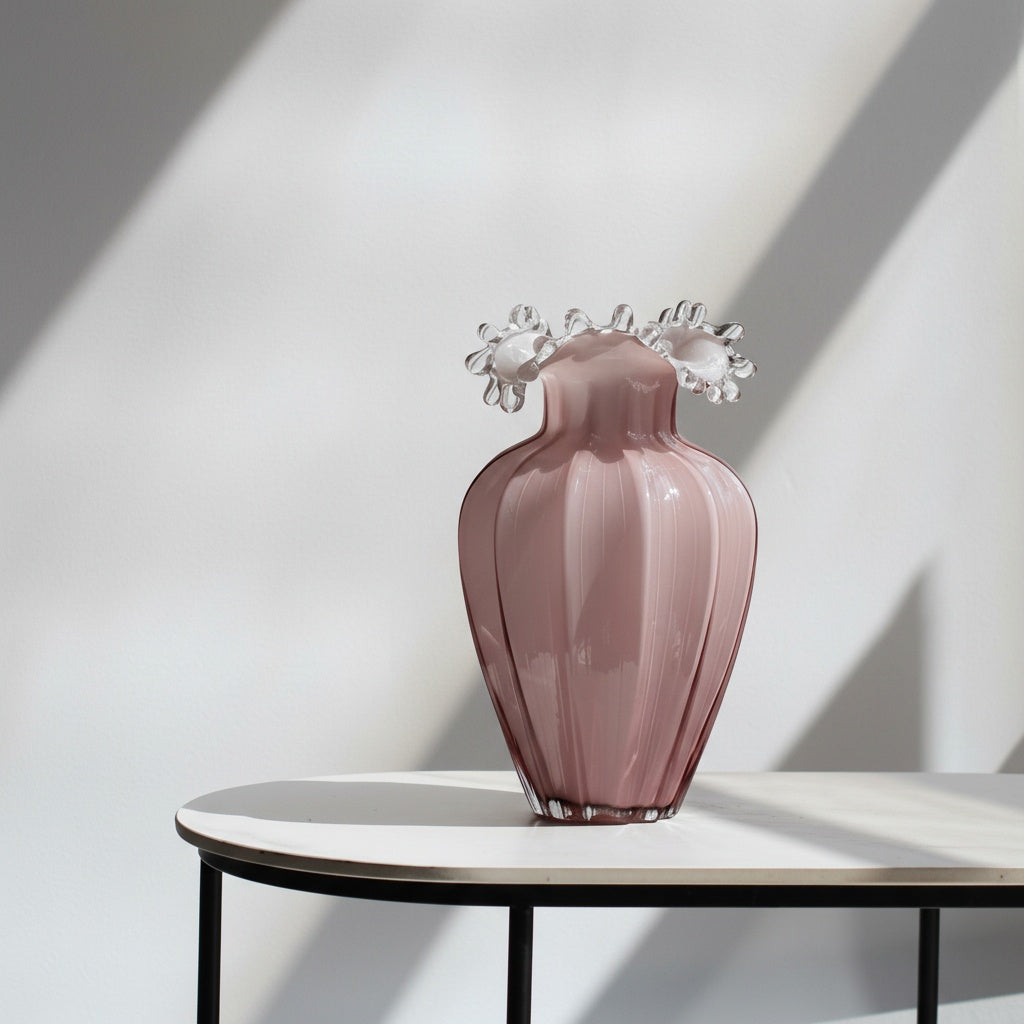 Medium pink fluted glass vase detail