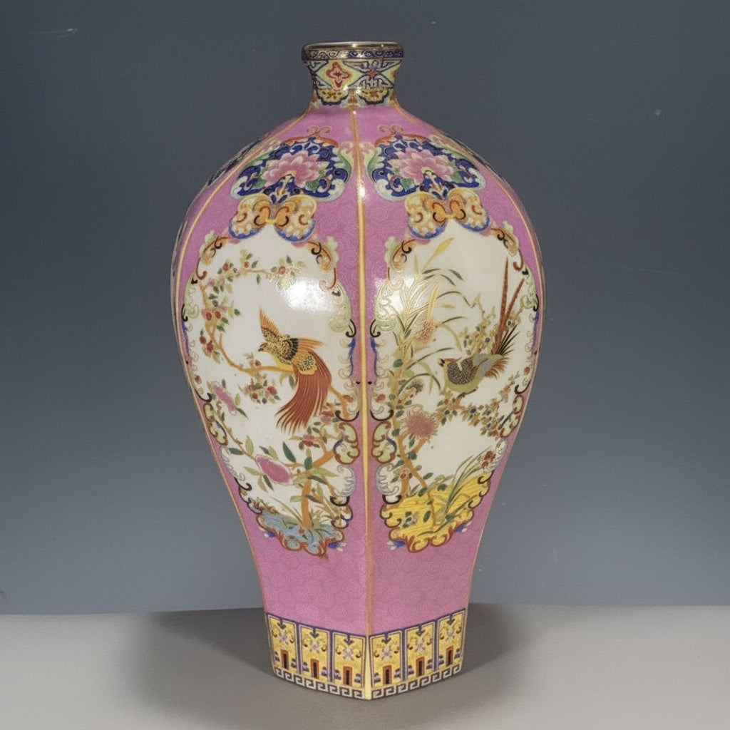 Pink And Gold Porcelain Faceted Decorative Vase