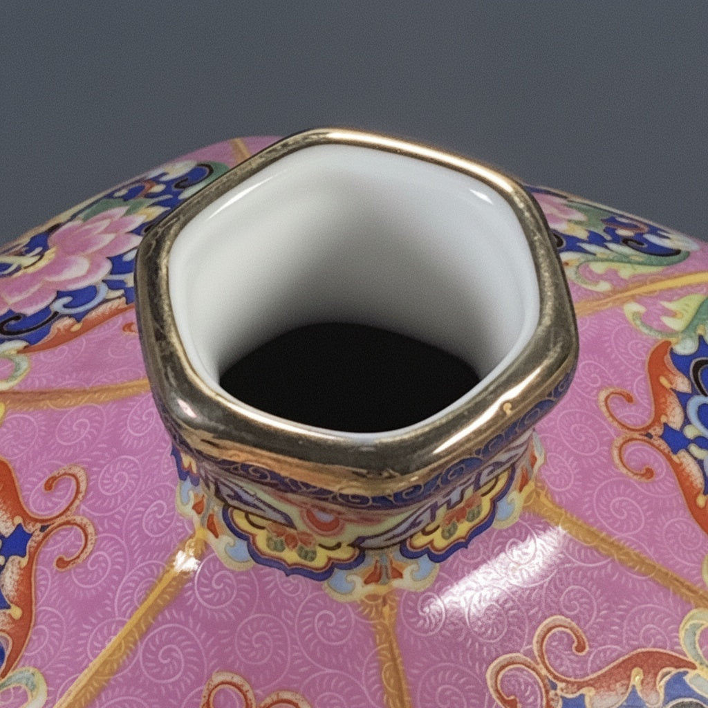 Pink And Gold Porcelain Faceted Decorative Vase Rim