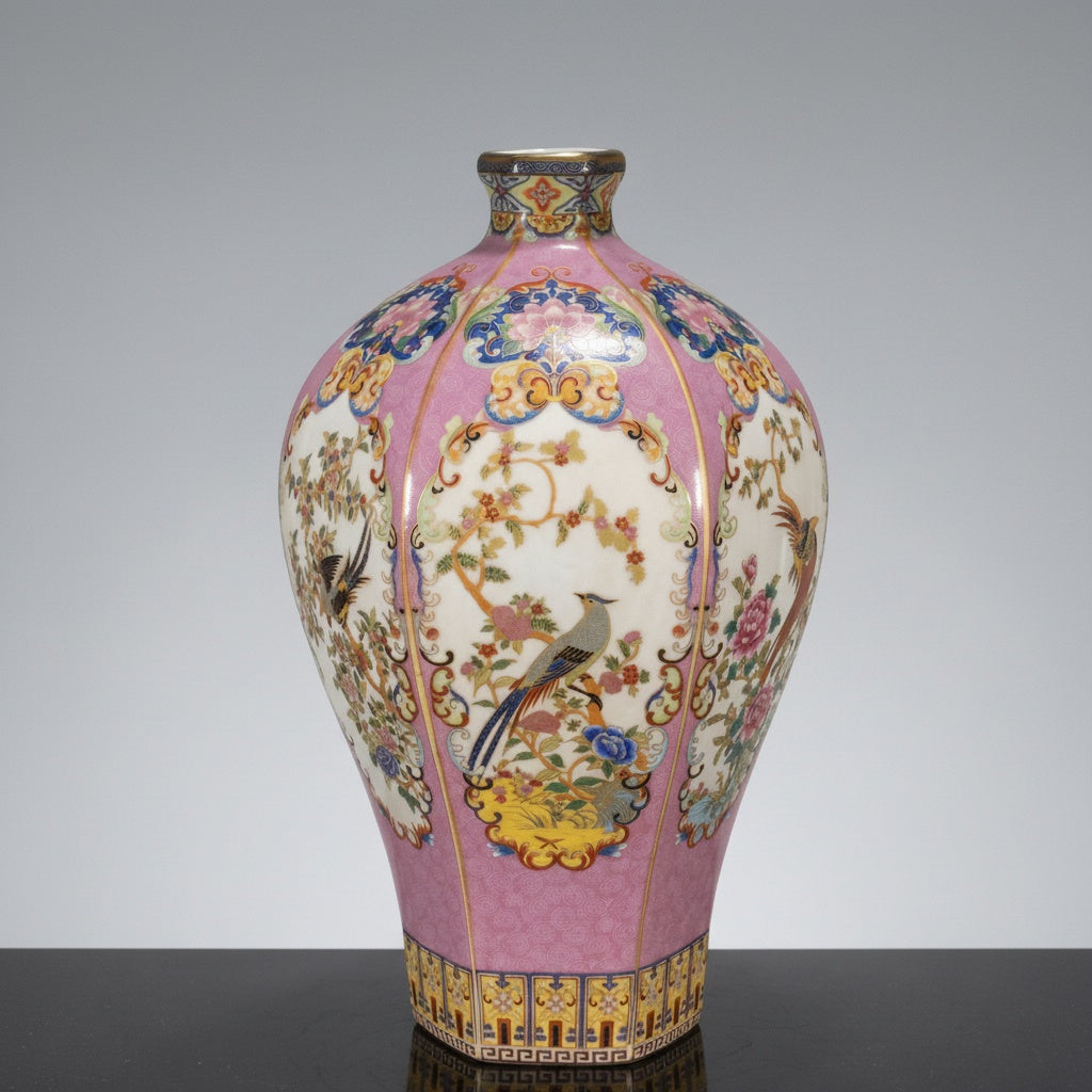 Pink And Gold Porcelain Faceted Decorative Vase Alternate Angle