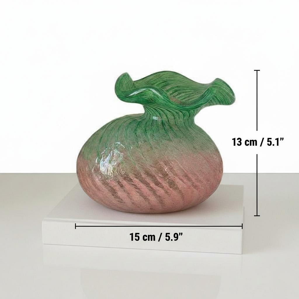 Dimensions diagram of pink and green stained glass vase