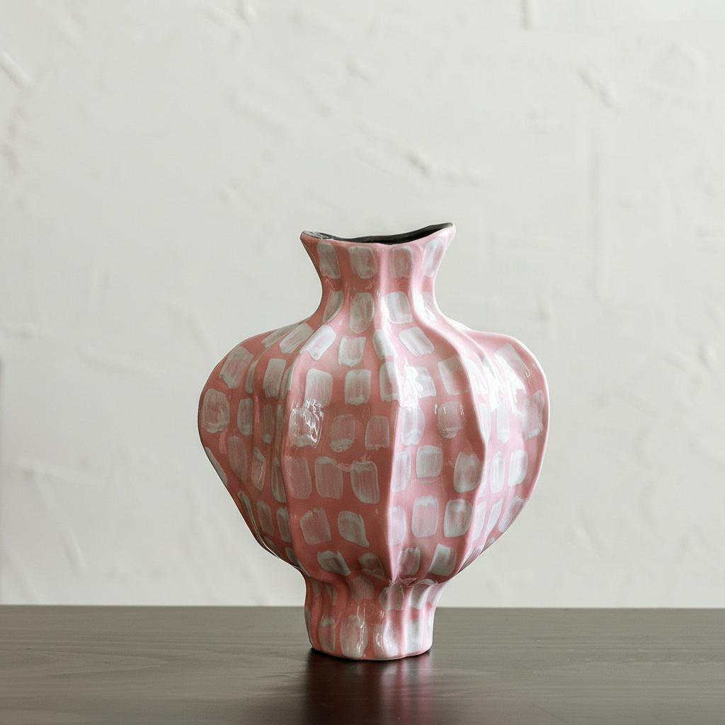Close up of empty pink fluted ceramic vase showing white brushstroke details