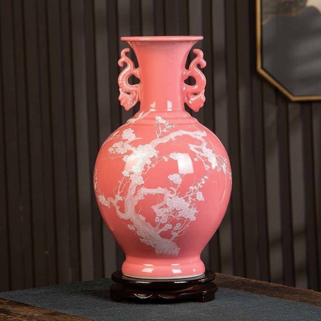 Pink Porcelain Floral Handled Vase