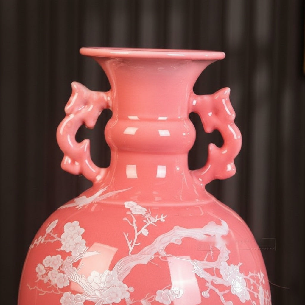 Pink Porcelain Floral Handled Vase