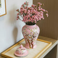 Pink Porcelain Floral Temple Jar With Flowers