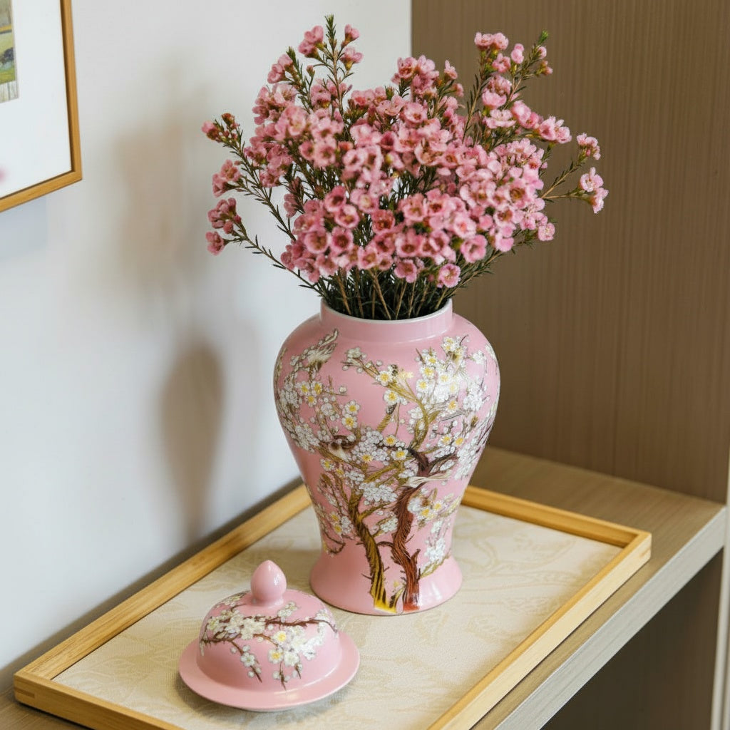Pink Porcelain Floral Temple Jar With Flowers