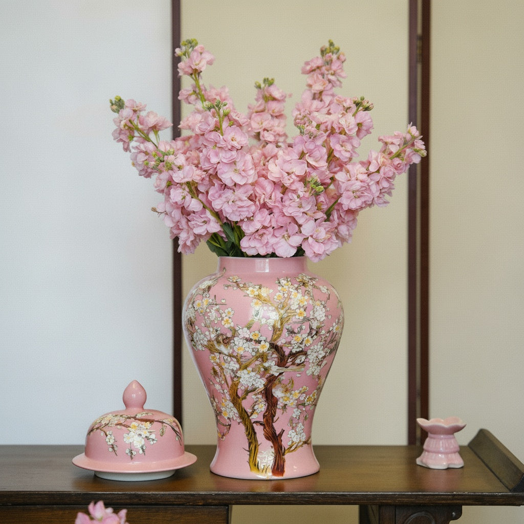 Pink Porcelain Floral Temple Jar On Wood Console
