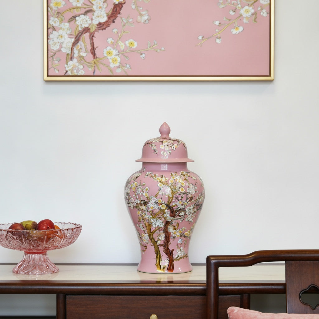 Pink Porcelain Floral Temple Jar With Lid