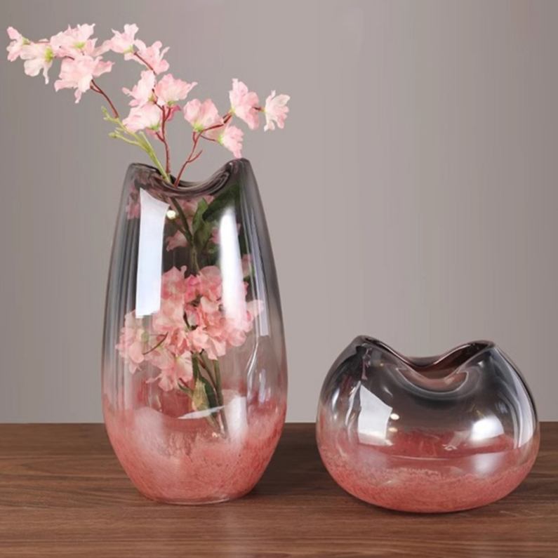 Pink and smoke gradient glass vases with organic rim and flowers