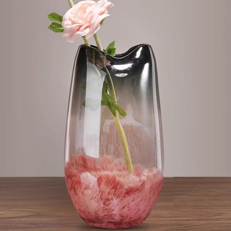 Large organic glass vase in smoke and pink gradient with flower