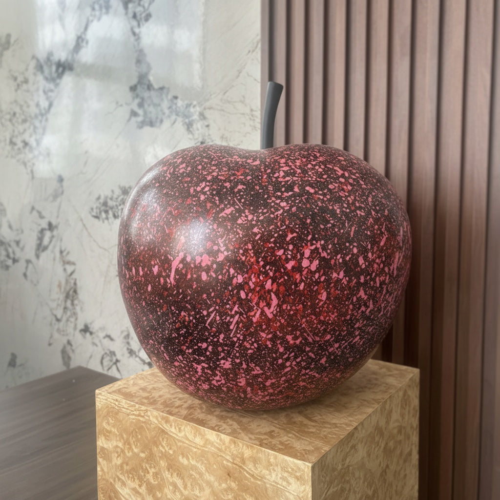 Pink splatter resin apple sculpture front view