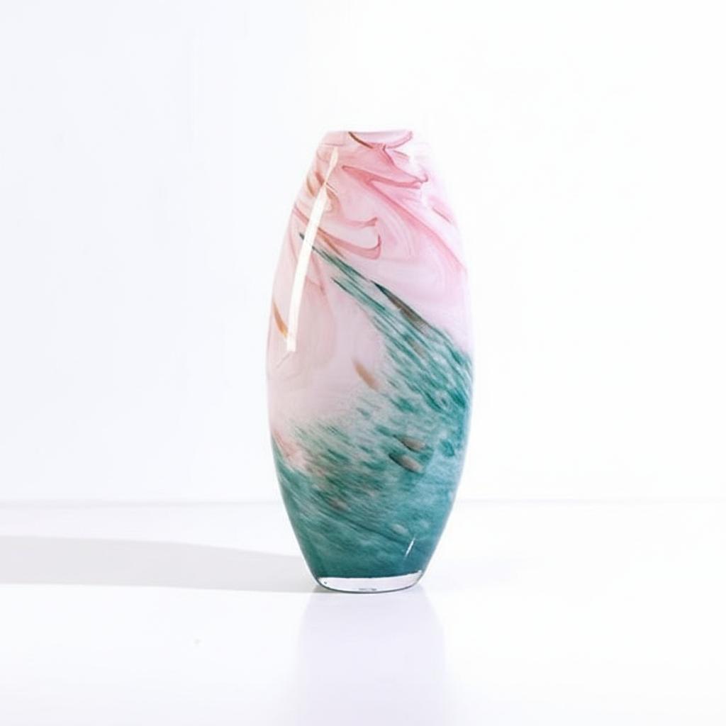 Studio shot of pink and teal oval glass vase on white background
