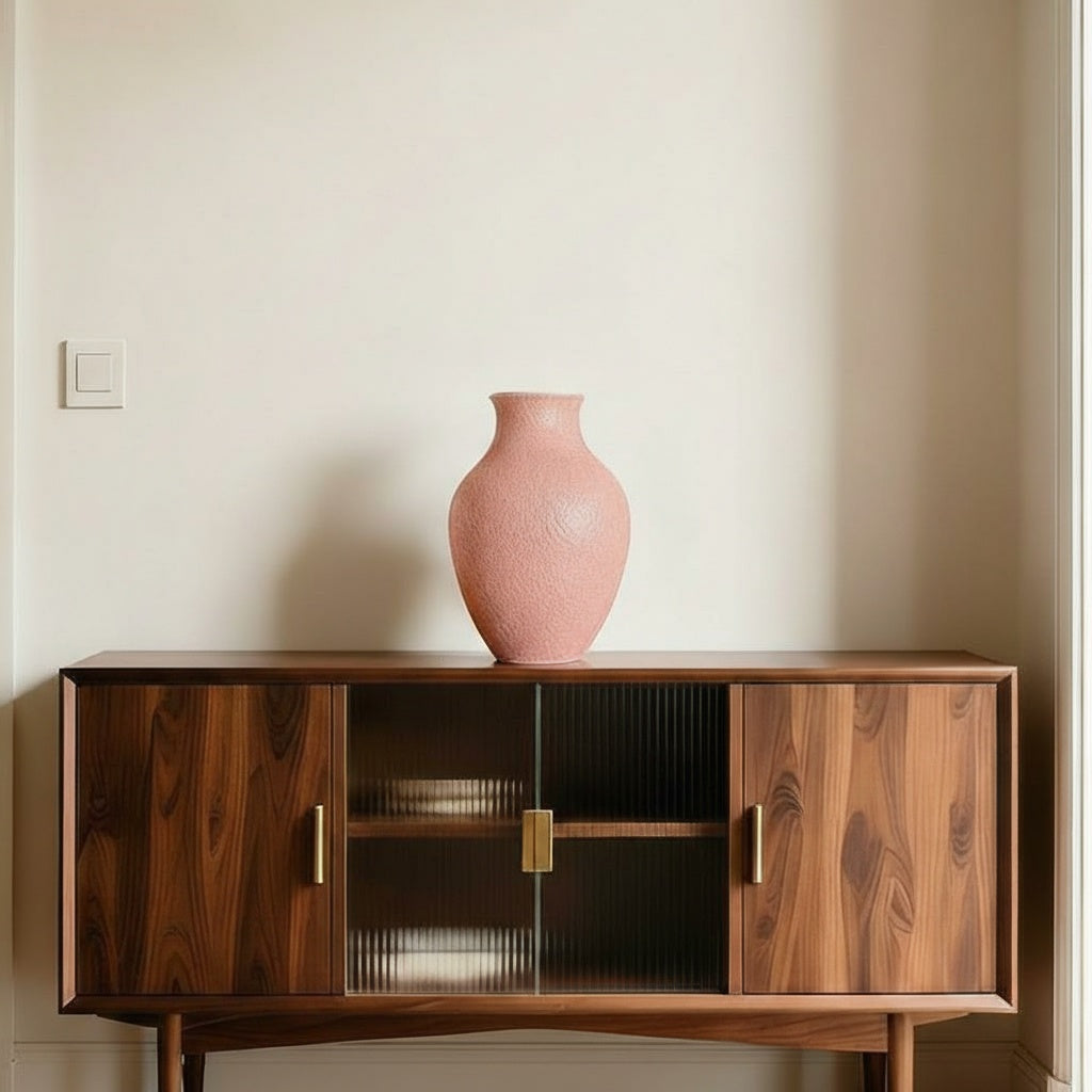 Pink textured ceramic vase on mid-century sideboard