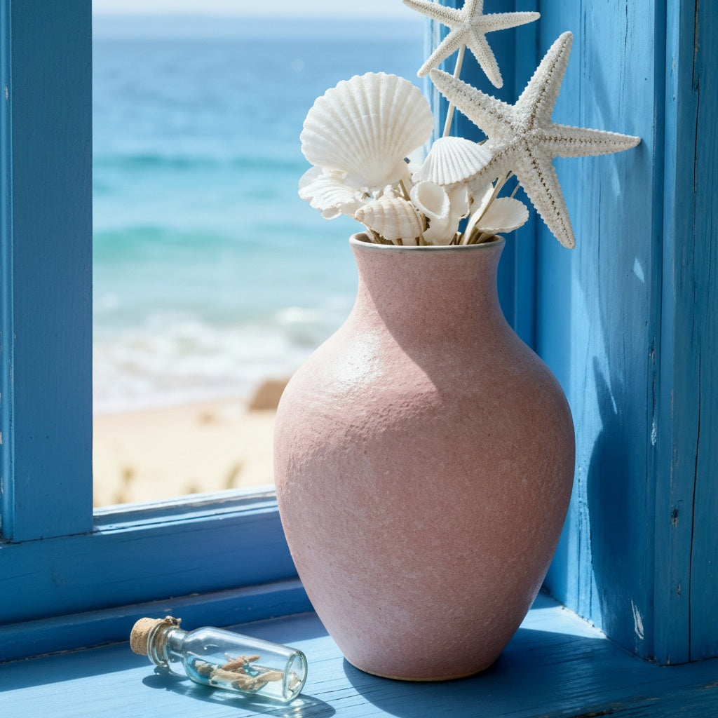 Pink ceramic vase on windowsill with seashells