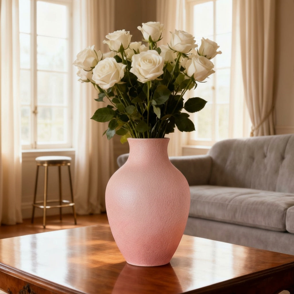 Pink textured ceramic vase with white roses on table