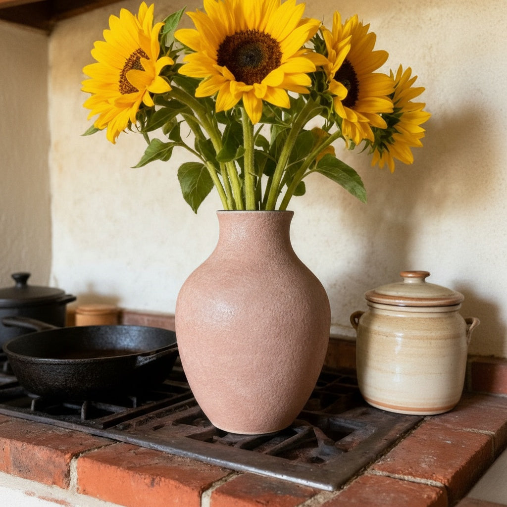 Pink textured vase with sunflowers in kitchen setting