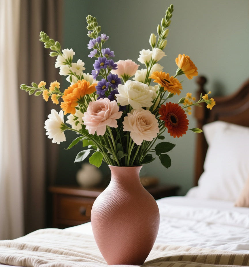 Pink textured ceramic vase on bedside table
