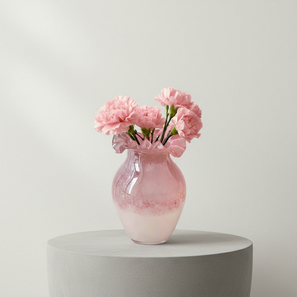 Detail of ruffled rim on pink and white glass vase with carnations