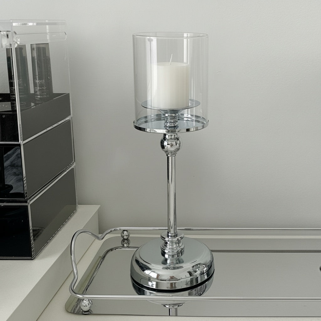 Polished Chrome And Glass Tall Candle Holder