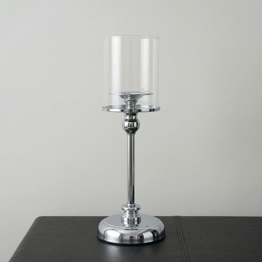 Polished Chrome And Glass Tall Candle Holder