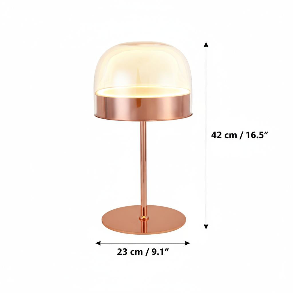 Dimensions diagram of copper and glass table lamp