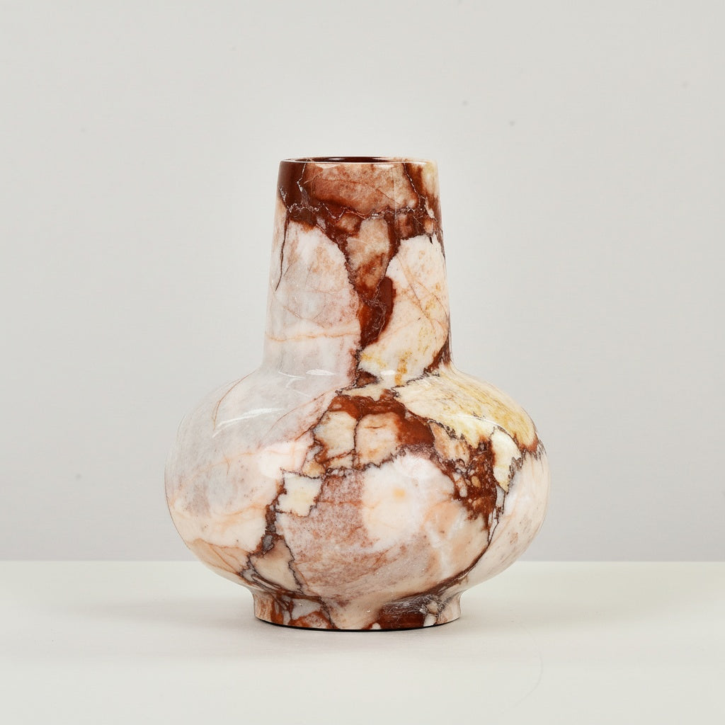 Polished Marble Bulbous Vase showing organic burgundy veining