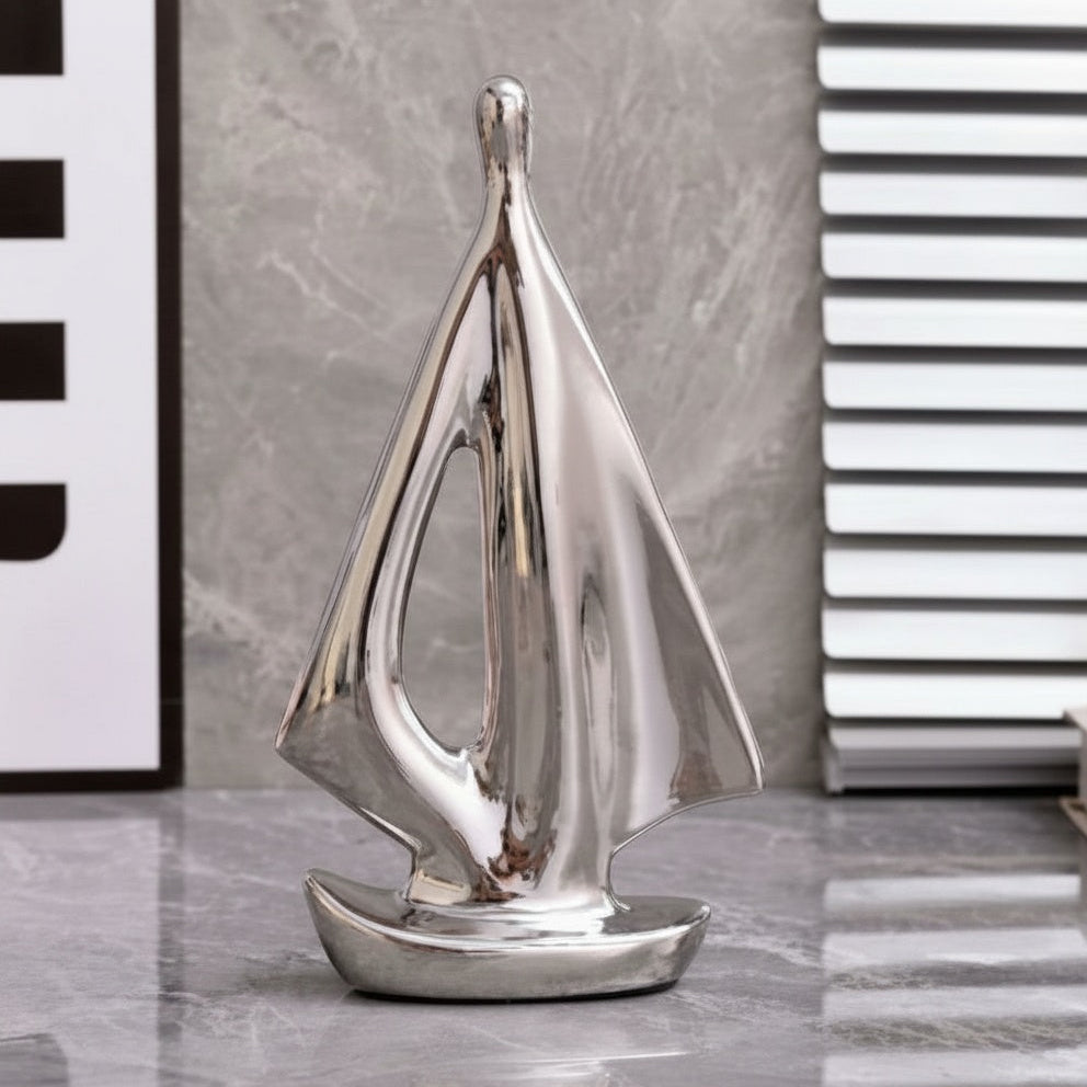Modern silver ceramic sailboat sculpture decor for shelves, consoles and office desk styling