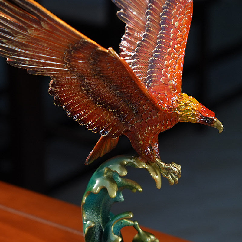 Angled view of copper eagle figurine