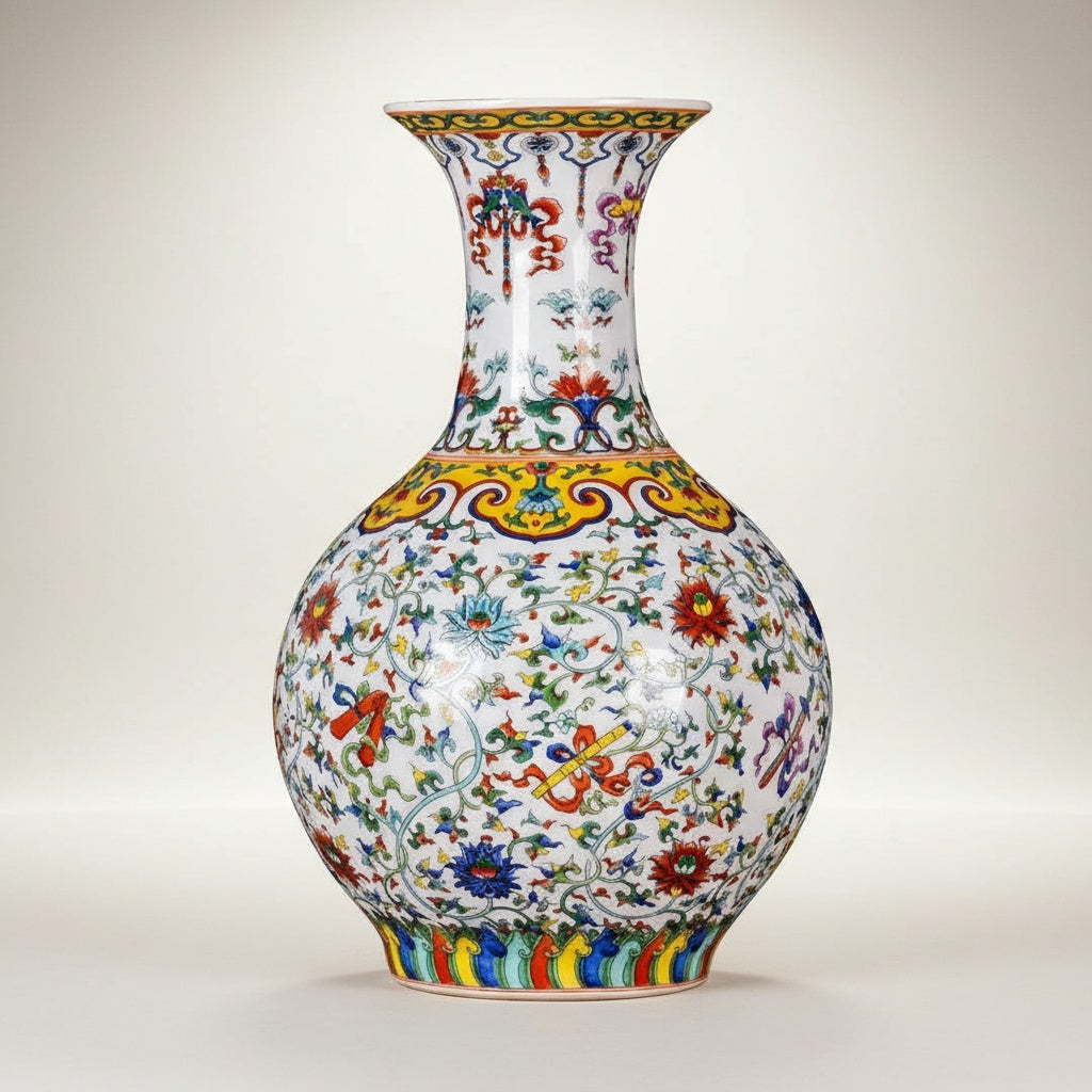 Polychrome porcelain floral scroll vase on white background