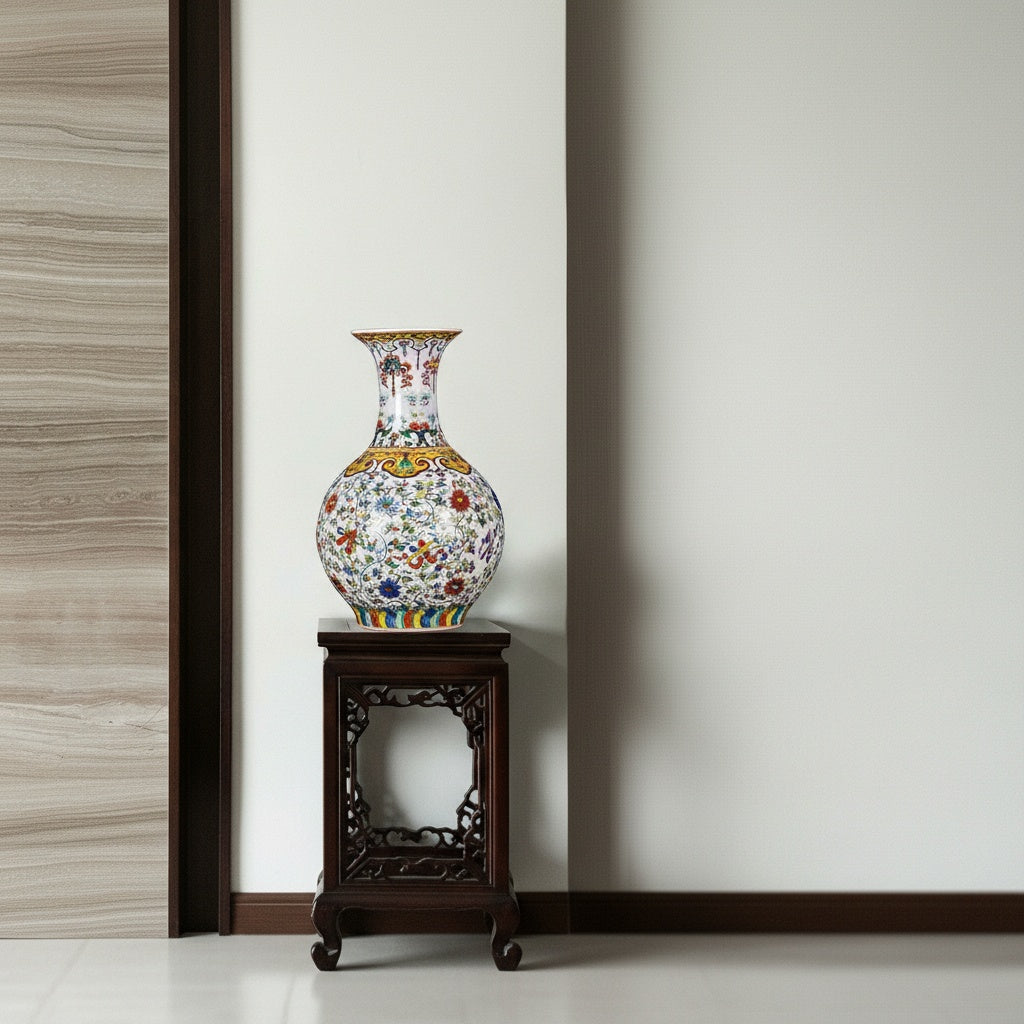 Porcelain floral vase displayed on dark wood pedestal in luxury interior