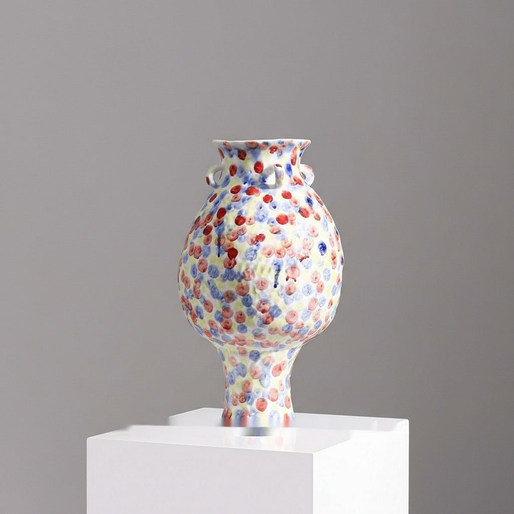 Front view of polychrome speckled ceramic vase