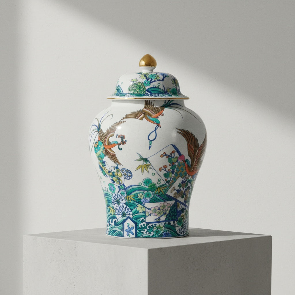Front view of porcelain ginger jar with bird and floral patterns on white background