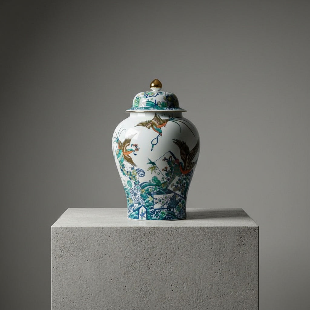 Porcelain ginger jar displayed on wooden table against dark background