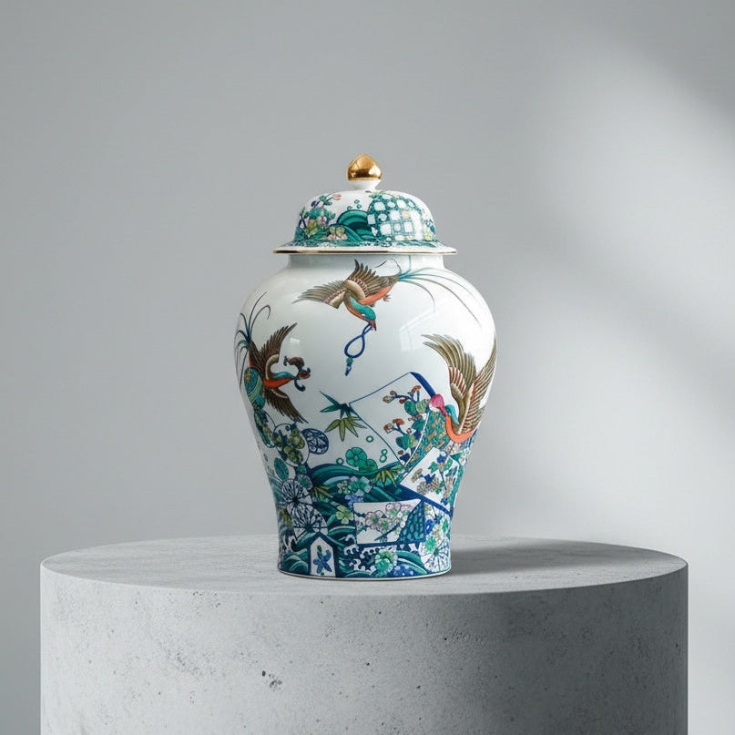 Person holding porcelain ginger jar showing scale and detail