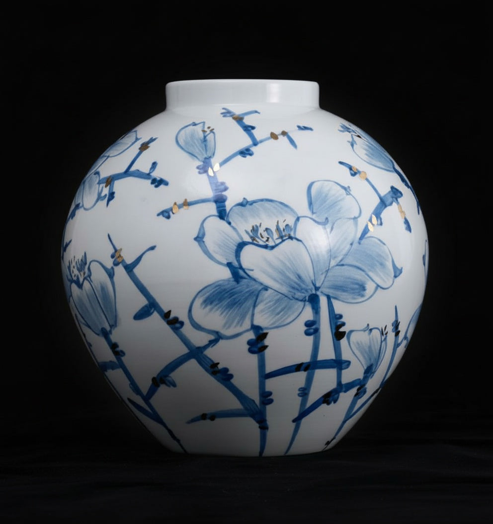 Close up of Blue and White Floral Spherical Vase