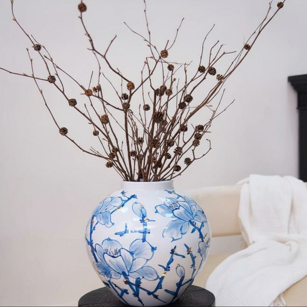 Porcelain Blue and White Floral Spherical Vase in living room