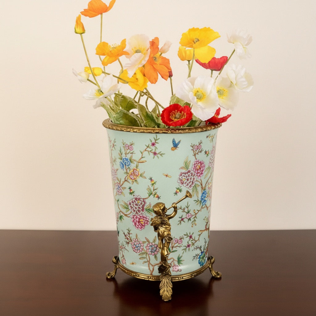 Porcelain and brass chinoiserie jardiniere with floral pattern front view