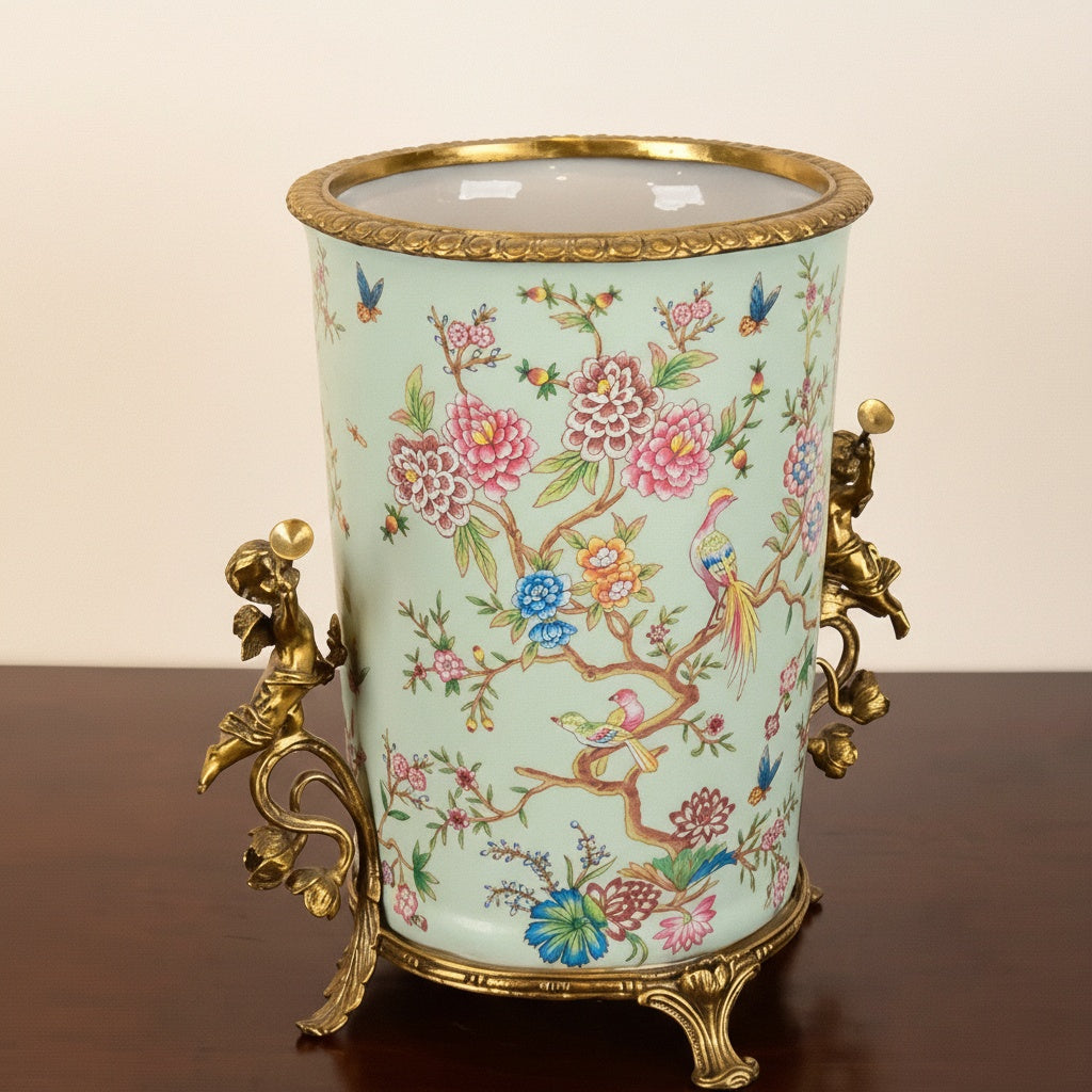 Porcelain and brass chinoiserie jardiniere side view with cherub handle