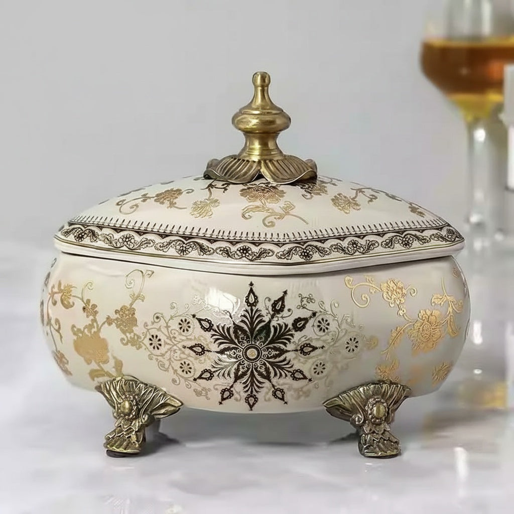 Porcelain And Brass Lidded Decorative Bowl Closed