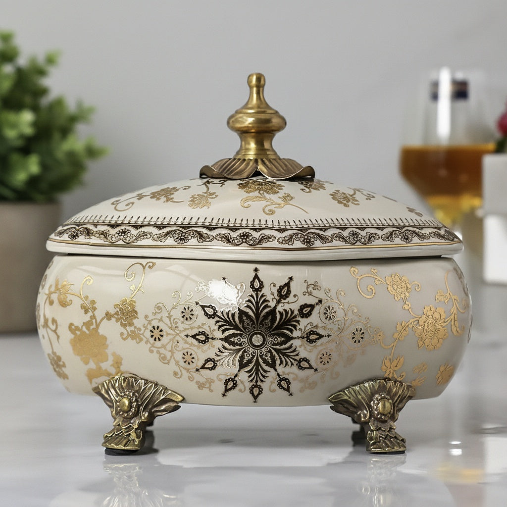 Porcelain And Brass Lidded Decorative Bowl Front View