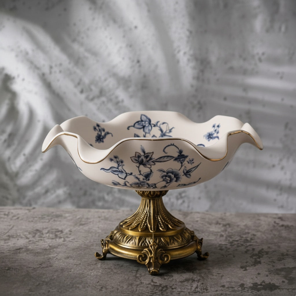 Porcelain And Brass Scalloped Footed Decorative Bowl