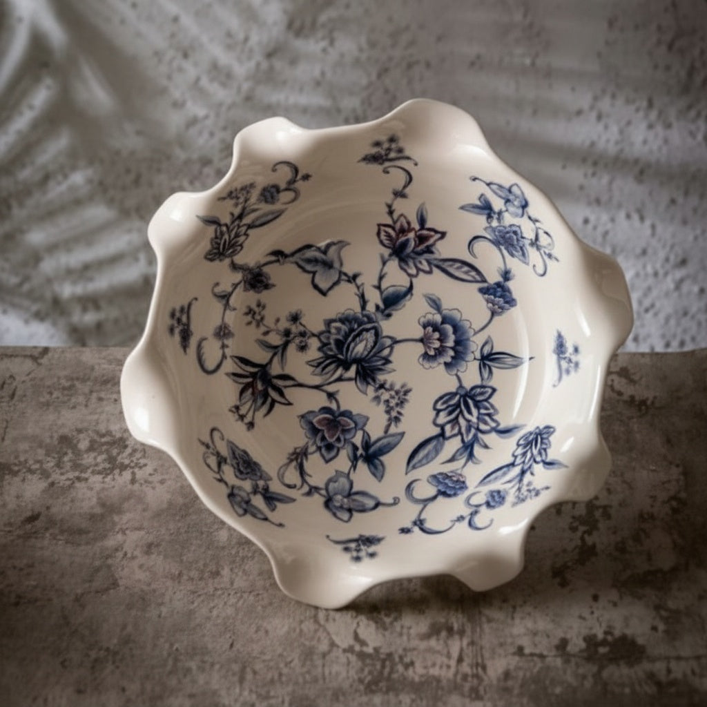 Top View Of Blue And White Floral Porcelain Bowl