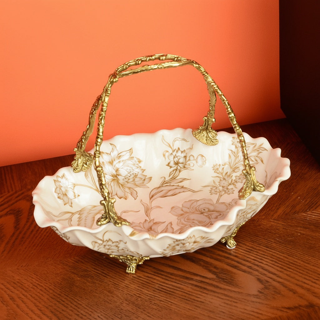 Angled view of empty porcelain basket with brass handle