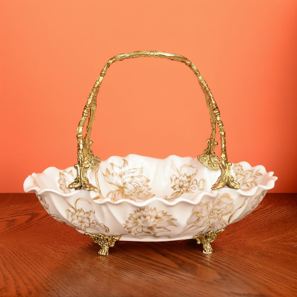 Front view detailing the floral pattern and brass feet