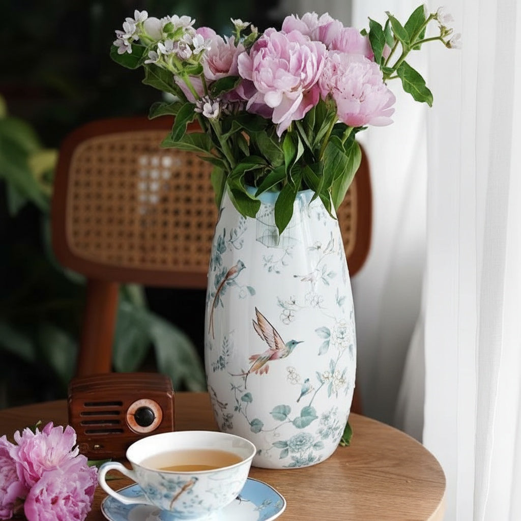 Porcelain Floral & Bird Tapered Vase