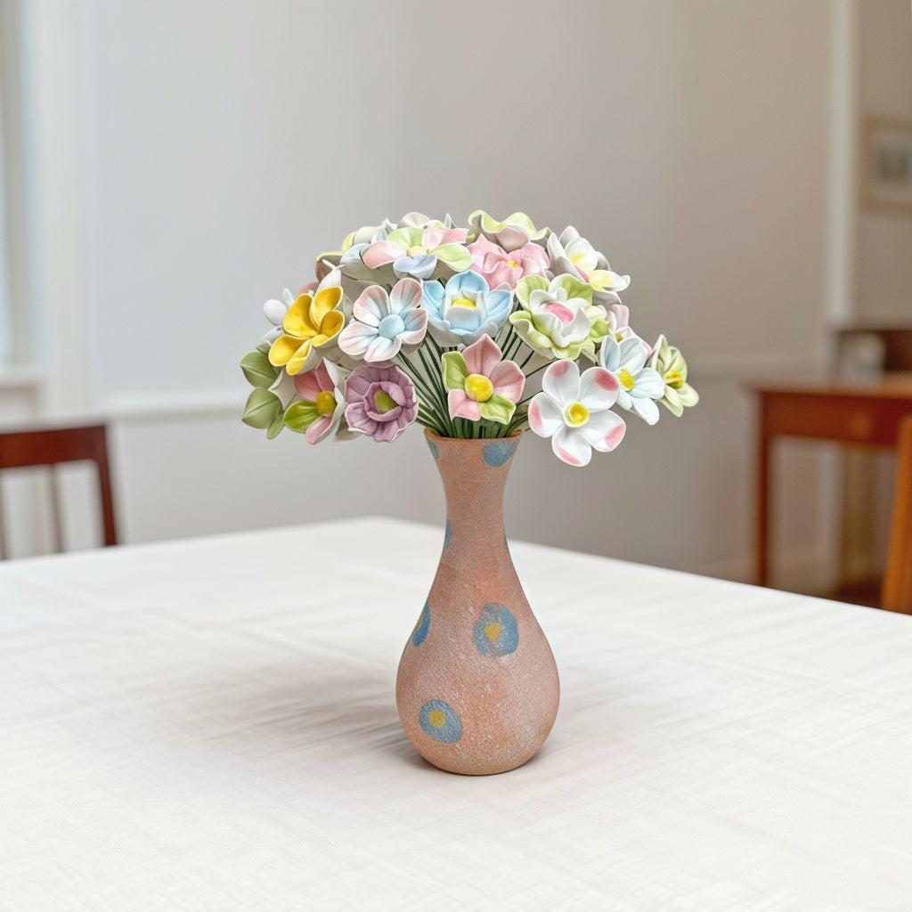 Porcelain floral bouquet in textured ceramic vase side angle